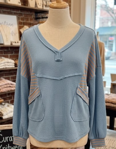 Celeste Dusk Blue Exposed Seam Waffle Striped Patchwork Baggy Pullover