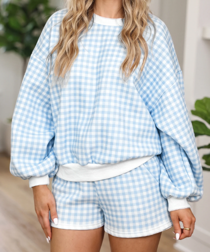 Payton Blue Plaid Baggy Pullover Drawstring Casual Shorts 2pcs Outfit