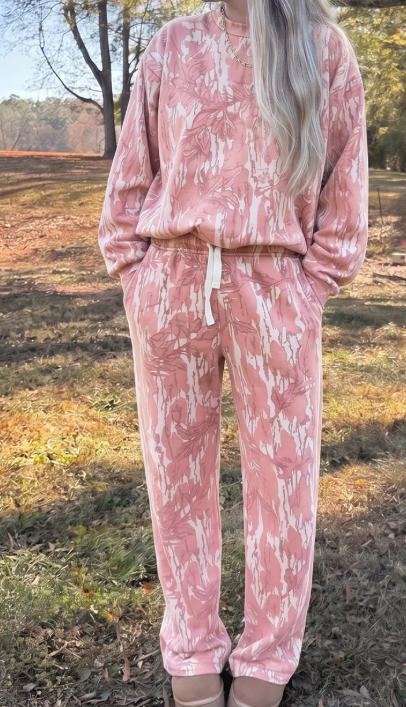 Naylah Pink Abstract Floral Print Loose Pullover Drawstring Pants 2pcs Set