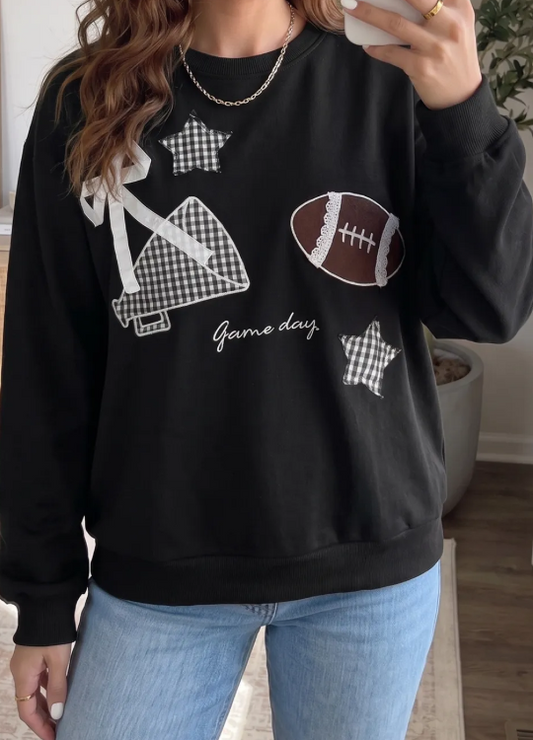 Artessa Black Gingham Patch Embroidered Rugby Game Day Stars Sweatshirt
