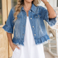 Linnea Blue Ruffle Hem Raw Edge Half Sleeve Western Denim Jacket