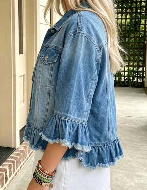 Linnea Blue Ruffle Hem Raw Edge Half Sleeve Western Denim Jacket