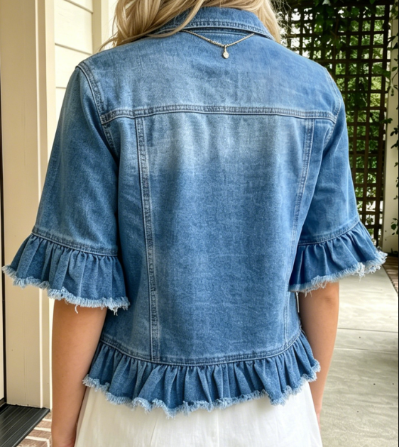 Linnea Blue Ruffle Hem Raw Edge Half Sleeve Western Denim Jacket