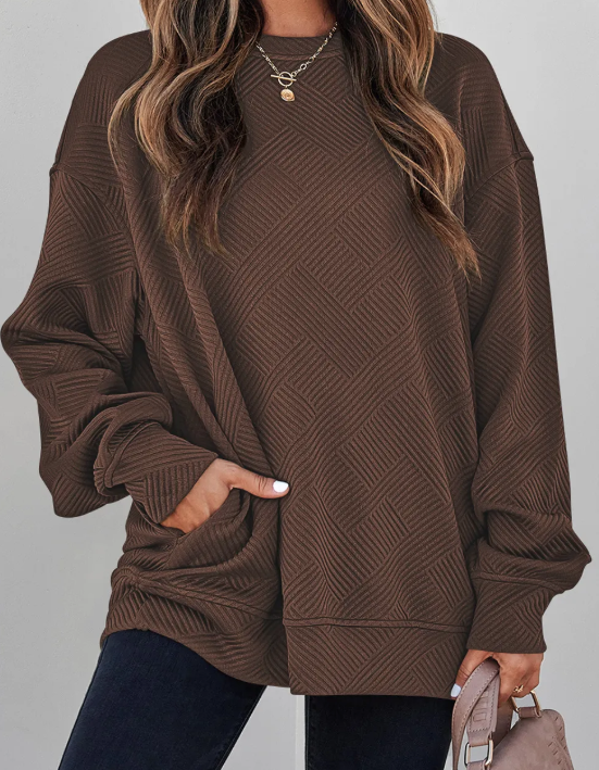 Madisyn Coffee Textured Round Neck Drop Shoulder Pullover Sweatshirt