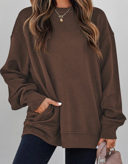 Madisyn Coffee Textured Round Neck Drop Shoulder Pullover Sweatshirt
