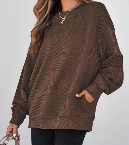 Madisyn Coffee Textured Round Neck Drop Shoulder Pullover Sweatshirt