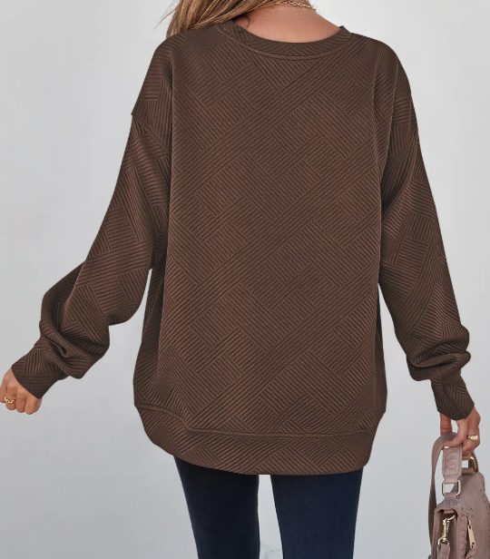 Madisyn Coffee Textured Round Neck Drop Shoulder Pullover Sweatshirt