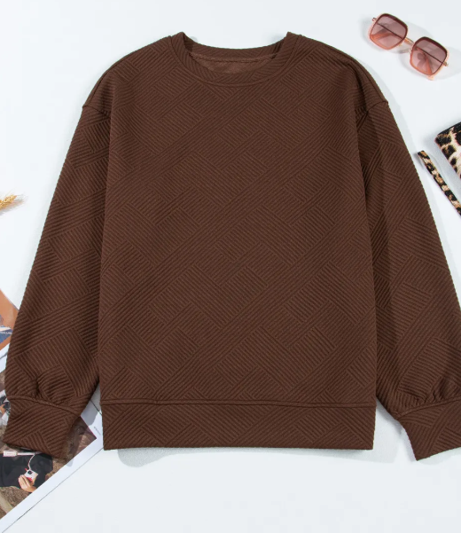 Madisyn Coffee Textured Round Neck Drop Shoulder Pullover Sweatshirt
