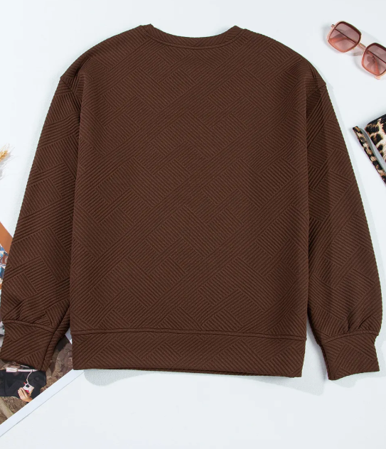 Madisyn Coffee Textured Round Neck Drop Shoulder Pullover Sweatshirt