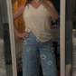 Wilfreda Sky Blue Retro Floral Print Frayed Hem Shift Jeans