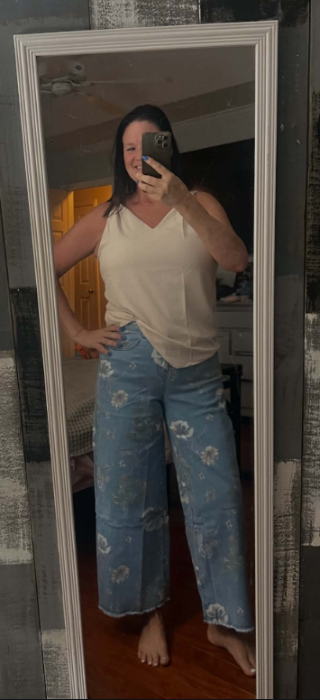 Wilfreda Sky Blue Retro Floral Print Frayed Hem Shift Jeans