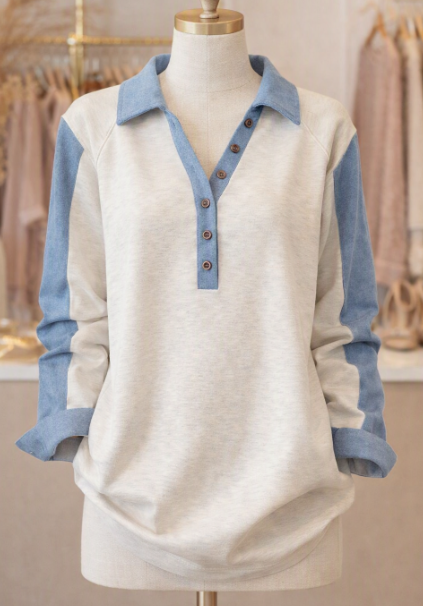 SALE!!!  Mirasol Light Grey Denim Patchwork Buttoned Polo Collar Long Sleeve Top