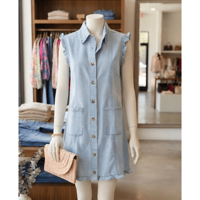 SALE!!!  Kadie Beau Blue Ruffled Edge Collared Shift Denim Dress with Pockets