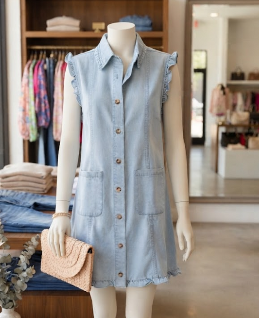 SALE!!!  Kadie Beau Blue Ruffled Edge Collared Shift Denim Dress with Pockets