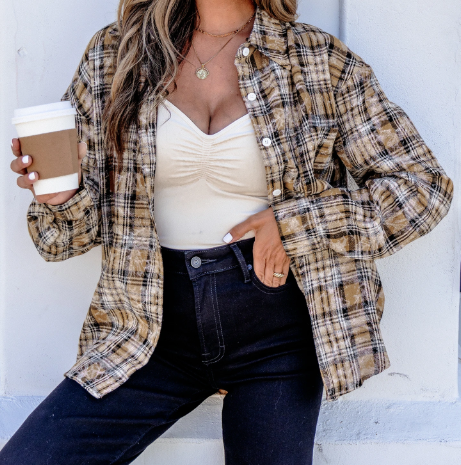 Prinny Brown Retro Plaid Long Sleeve Button Down Shirt