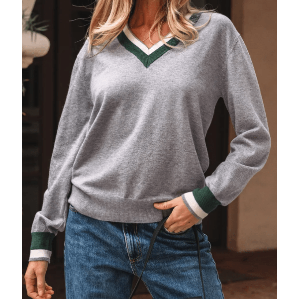 Magdelene Grey Contrast Striped Trim V Neck Varsity Sweater