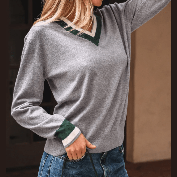 Magdelene Grey Contrast Striped Trim V Neck Varsity Sweater