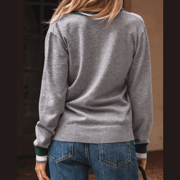 Magdelene Grey Contrast Striped Trim V Neck Varsity Sweater