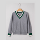 Magdelene Grey Contrast Striped Trim V Neck Varsity Sweater