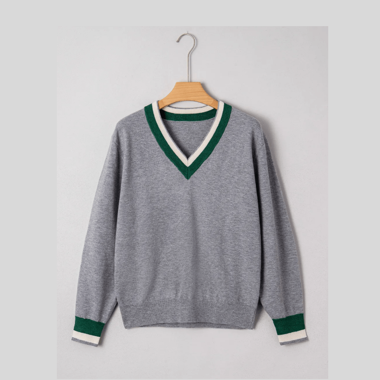 Magdelene Grey Contrast Striped Trim V Neck Varsity Sweater