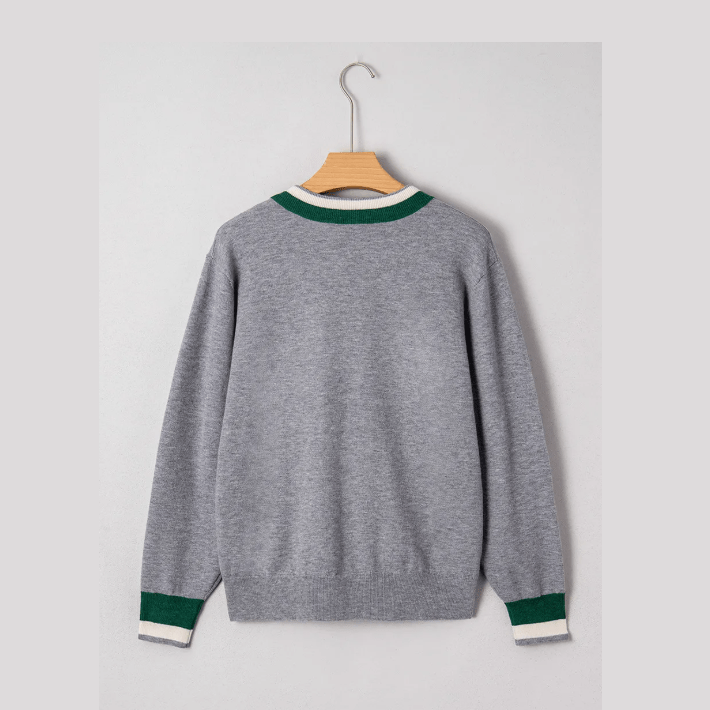 Magdelene Grey Contrast Striped Trim V Neck Varsity Sweater