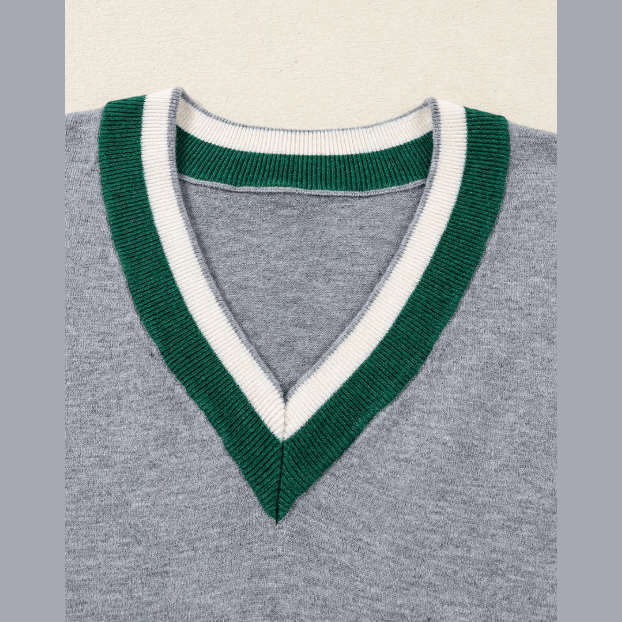 Magdelene Grey Contrast Striped Trim V Neck Varsity Sweater