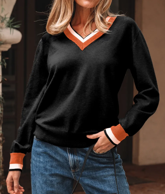 Magdelene Black Contrast Striped Trim V Neck Varsity Sweater