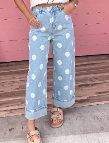 Quinly Sky Blue Polka Dot Ankle-Length Metal Button Casual Jean