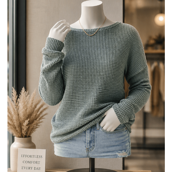 Jenee Green Waffle Knit Drop Shoulder Long Sleeve Top