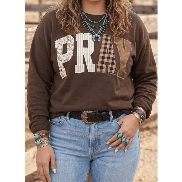 Coffee Floral Buffalo Plaid Striped Embroidered Patch Western Pullover Sweatshirt