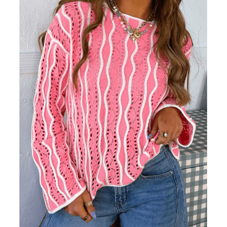 Ina Pink Wavy Detail Hollow Out Knit Long Sleeve Cotton Pullover Sweater