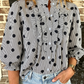 Naveen Black Polka Dot Striped Print Ruffle Stand Neck 3/4 Sleeve Shift Shirt