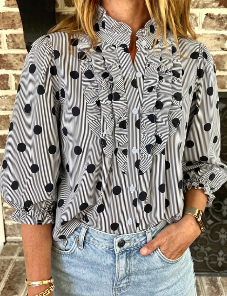 Naveen Black Polka Dot Striped Print Ruffle Stand Neck 3/4 Sleeve Shift Shirt