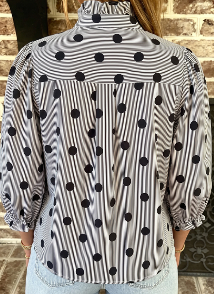 Naveen Black Polka Dot Striped Print Ruffle Stand Neck 3/4 Sleeve Shift Shirt