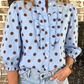 Naveen Blue Polka Dot Striped Print Ruffle Stand Neck 3/4 Sleeve Shift Shirt