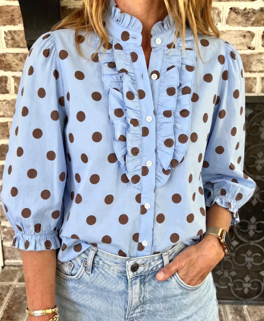 Naveen Blue Polka Dot Striped Print Ruffle Stand Neck 3/4 Sleeve Shift Shirt