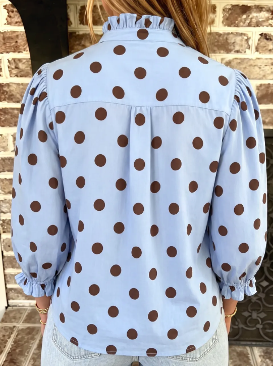 Naveen Blue Polka Dot Striped Print Ruffle Stand Neck 3/4 Sleeve Shift Shirt