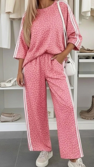 Angelonia Pink Leopard Print Varsity Striped Detail 3/4 Sleeve Top Shift Pant Set