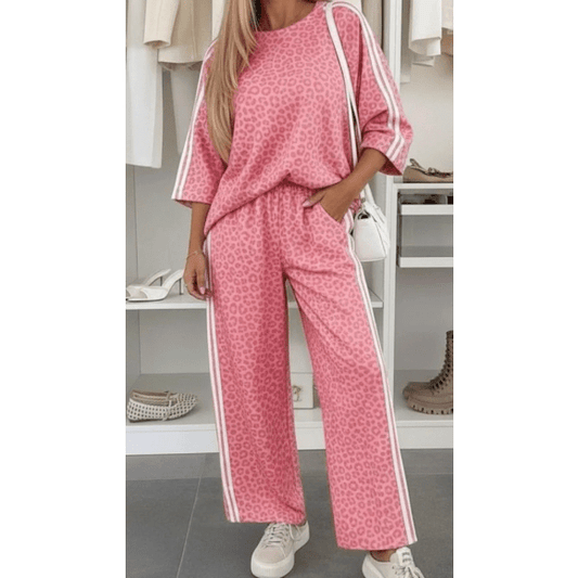 Angelonia Pink Leopard Print Varsity Striped Detail 3/4 Sleeve Top Shift Pant Set