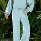 Cherie Misty Blue Drop Shoulder Puff Sleeve Crop Pullover Drawstring Wide Leg Pants Set