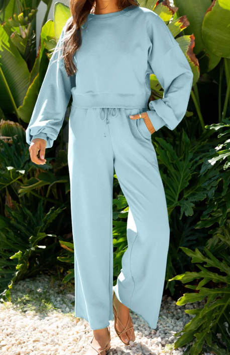Cherie Misty Blue Drop Shoulder Puff Sleeve Crop Pullover Drawstring Wide Leg Pants Set
