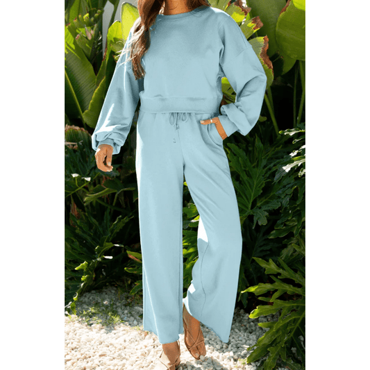 Cherie Misty Blue Drop Shoulder Puff Sleeve Crop Pullover Drawstring Wide Leg Pants Set