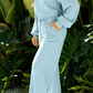 Cherie Misty Blue Drop Shoulder Puff Sleeve Crop Pullover Drawstring Wide Leg Pants Set