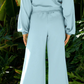 Cherie Misty Blue Drop Shoulder Puff Sleeve Crop Pullover Drawstring Wide Leg Pants Set