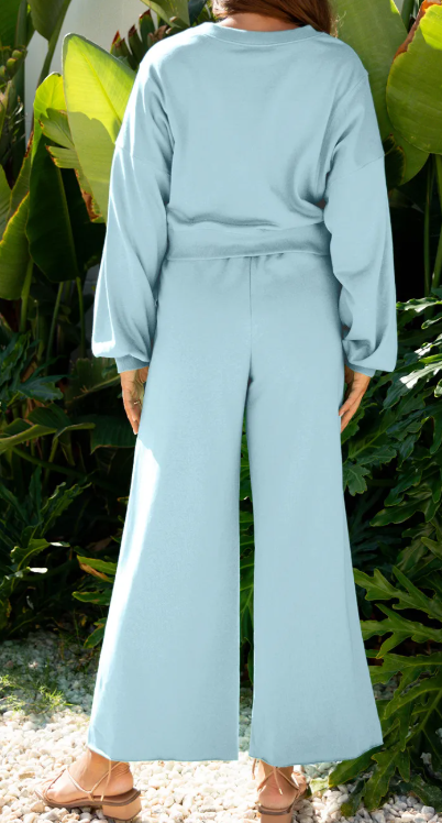 Cherie Misty Blue Drop Shoulder Puff Sleeve Crop Pullover Drawstring Wide Leg Pants Set