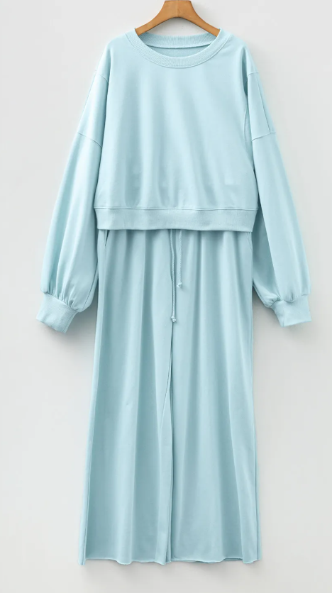 Cherie Misty Blue Drop Shoulder Puff Sleeve Crop Pullover Drawstring Wide Leg Pants Set