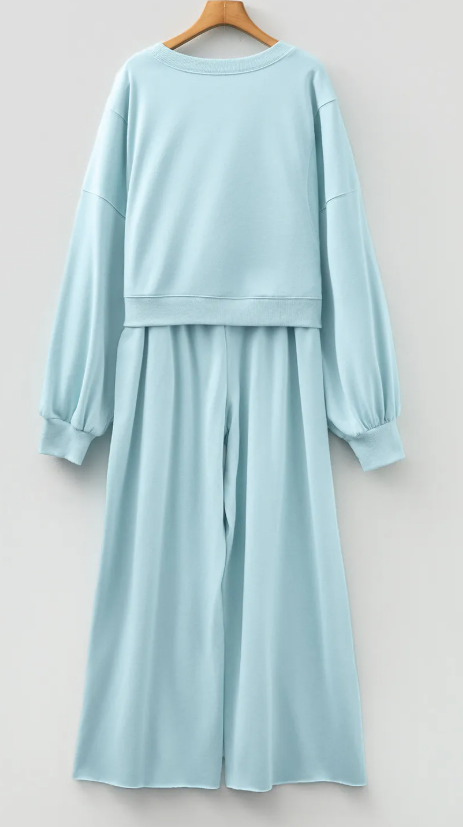 Cherie Misty Blue Drop Shoulder Puff Sleeve Crop Pullover Drawstring Wide Leg Pants Set