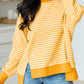 Jaiden Yellow Stripe Textured Knit Color Block Trim Split Hem Long Sleeve Top