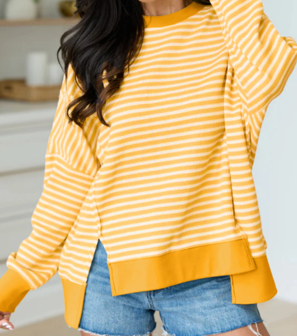 Jaiden Yellow Stripe Textured Knit Color Block Trim Split Hem Long Sleeve Top
