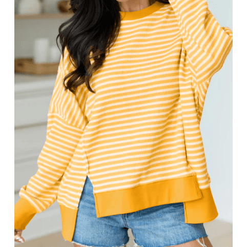 Jaiden Yellow Stripe Textured Knit Color Block Trim Split Hem Long Sleeve Top